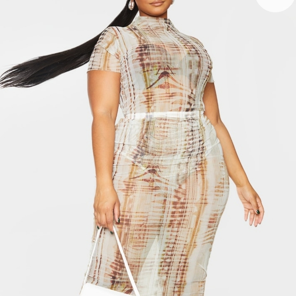 Beige Textured Print Mesh Bodycon Set